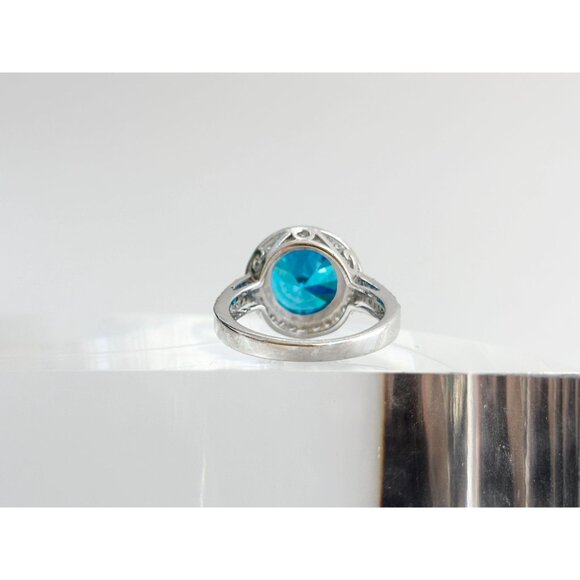 Blue Topaz Semi-Precious Round Cut Halo 925 Sterling Silver Vintage Ring - sz 8 - Picture 4 of 10
